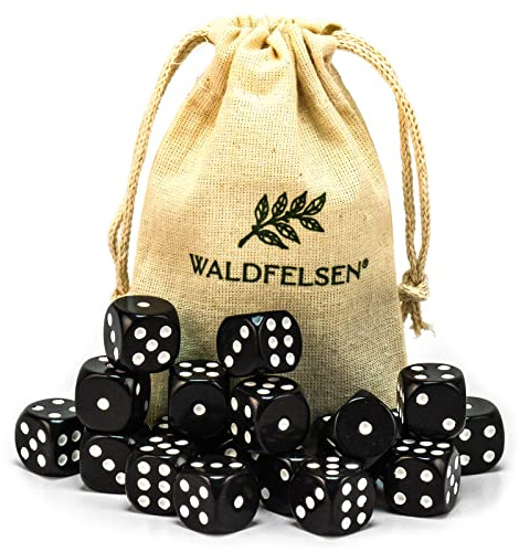 Waldfelsen® Högkvalitativa tärningar, 6, 12, 20, 30 eller 50 stycken, i standardstorlek: 16 mm, 6-sidiga akryltärningar, speltillbehör, i set med tygpåse (svarta, 20 stycken)