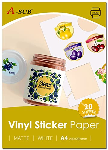A-SUB Weißes mattes hochwertiges wasserfestes bedruckbares Vinyl-Aufkleberpapier, selbstklebende Vinyl-Etiketten für Tintenstrahldrucker, A4-Format, 20 Blatt