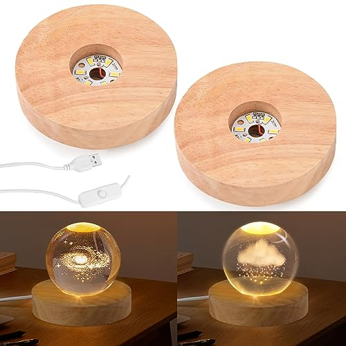 Kieyeeno Base Luminosa LED de Cristal y Madera, Juego de 2 Soportes de Presentación Con Interruptor USB para Pantalla de Escritorio, Bola de Cristal y Resina