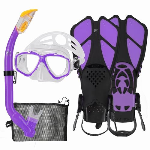 Kinder-Schnorchel-Set mit Flossen, Anti-Leck-Schnorchelausrüstung für Kinder mit verstellbaren Flossen, Jugend Junior, vollständiges Trockenschnorchel-Set, Scuba mit Tasche, 5–14 Jahre