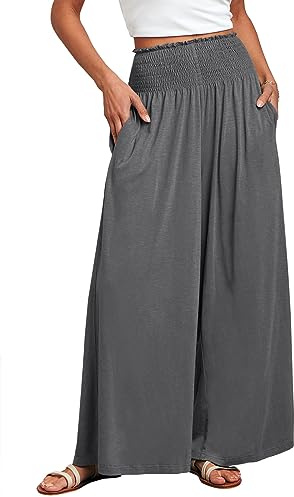 ANRABESS Women Palazzo Pants Summer Boho Bagyy Wide Leg High Smocked Waist Casual Loose Lounge Pant with Pocket Grey X-Large
