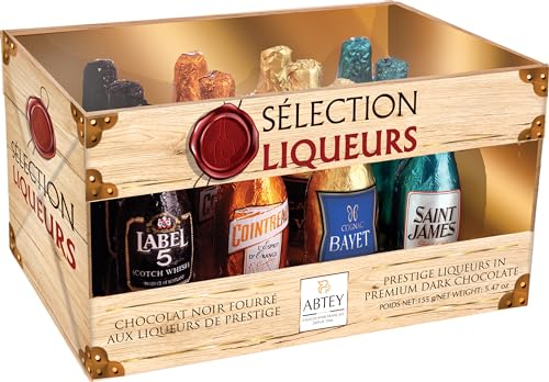 ABTEY Casier Selection Chocolate Liqueurs 155g - Label 5® Whiskey, Cointreau®, St James® Rum & Bayet Cognac - 12 Assorted Chocolate Liqueurs Bottles in a Crate