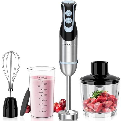 FRESKO Hand Blender 4-in-1, 1000W Electric Stick Blender Stainless Steel with 12-Speeds & Turbo Mode, Baby Food Immersion Blender Handheld with Whisk，700ml Measuring Cup & 500ml Chopper
