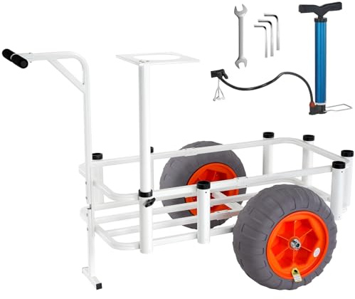 VEVOR Carro de Pesca de Playa Capacidad de Carga de 158,75kg Carro con 8 Soportes para Cañas de Pescar 2 Ruedas de Goma Inflables Carro de Arena de Acero Resistente de 406 mm para Pícnic al Aire Libre