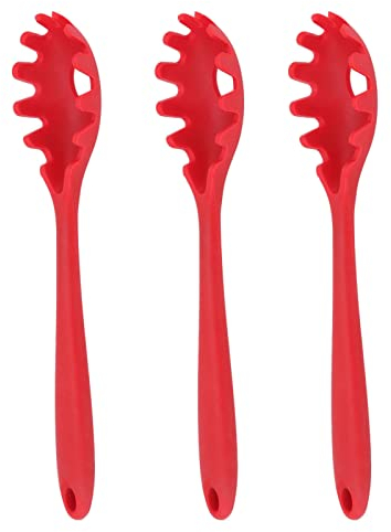 HUAOSN 3 Pieces Silicone Pasta Fork, Spaghetti Strainer and Serving Spoon, All in 1 Fork Tools Food Grade Noodle Spoon, Pasta Spoon(Red)