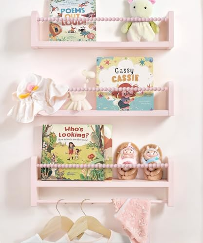 Mazjoaru Scaffale da parete per cameretta dei bambini, in legno, set di 3 pezzi, con perline di legno, decorazione da parete, per bambini, bagno, soggiorno