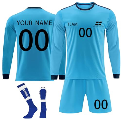 Benutzerdefiniert Fußball Trikot Kinder Personalisiert Trikot mit Namen Nummer Team und Logo Sporttraining Langarm T-Shirts und Shorts für Erwachsene/Kinder, Fußballtrikot Set für Jungen Herren Trikot