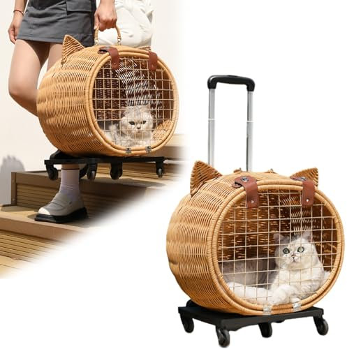 Rattan-Trolley für Haustiere,Tragetasche mit Rollen, Katzentransportbox Transporttasche mit Teleskop-Zugstange, Ideal für Reisen Spaziergänge Camping