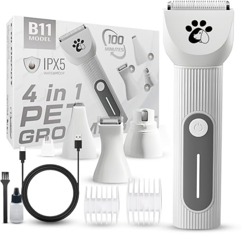 Hundeknipser, 4 in 1 Hundepflegeset, IPX5 Geräuscharme, kabellose Keramikklingen, Hundenagelschleifer & Hundepfotentrimmer & kleine Schermaschine für Hunde Katzen