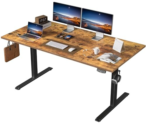 Agilestic 160 x 80 cm höj- och sänkbart skrivbord, sit-stand-skrivbord med minnesfunktion, ergonomiskt datorskrivbord, bestående av fyra sammanfogade bordsskivor, brunt