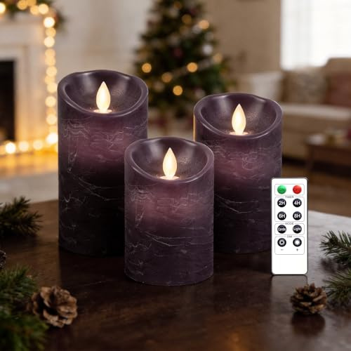AnnSpa 3 Set LED Kerzen Batteriebetriebene mit Fernbedienung, Flammenlose Echtes Wachs Flackern Moving Wick Flackern Amber Yellow Light Pillar Candles für Weihnachten/Geschenk/Dekoration - Lila