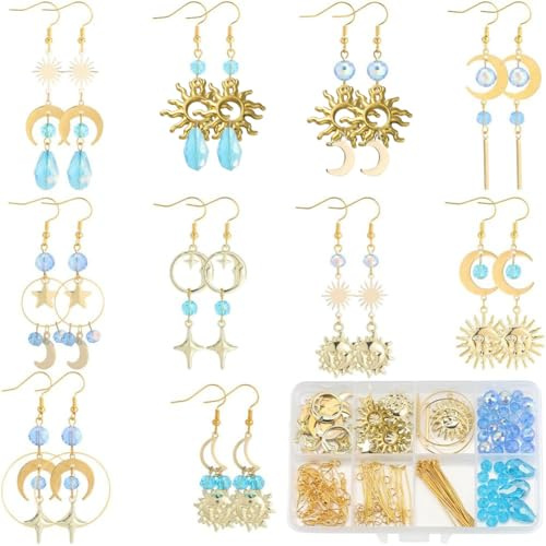 SUNNYCLUE 1 Box DIY 10 Paar Blaue Ohrring Bastelset Goldene Mond Und Sternanhänger Echte 18 Karat Vergoldete Mond Hohlanhänger Sonnenverbinder Aus Messinglegierung Mit Perlenringen Und Haken Für Die