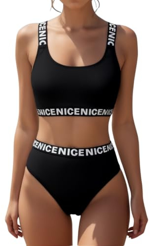 OcenaSun10 Juvenil Bikini Juvenil de Niña/Adolescente con Top Deportivo, Copas Extraíbles y Braguita de Tiro Alto, Negro, 34