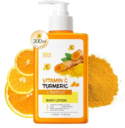 Vitamin C Turmeric Bodylotion, Feuchtigkeitsspendende Körperlotion, Retinol Body Lotion Für Matt-Unebene-Trockene Haut, Vitamin C Creme Glatten Und Straffende Haut, Leichte, Nicht Klebrige, 300 ML
