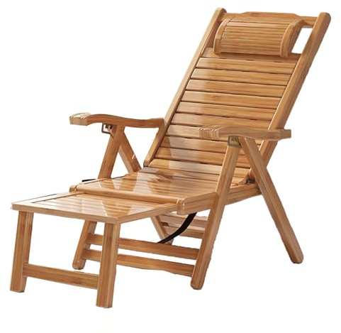 Liegestuhl Outdoor Klappbar Bambus Sonnenliege,Liegestuhl verstellbar Holzliegen Klappbar Bambus gartensessel Ergonomisch mit Armlehne und Dehnbarer Fußstütze für Terrasse Balkon
