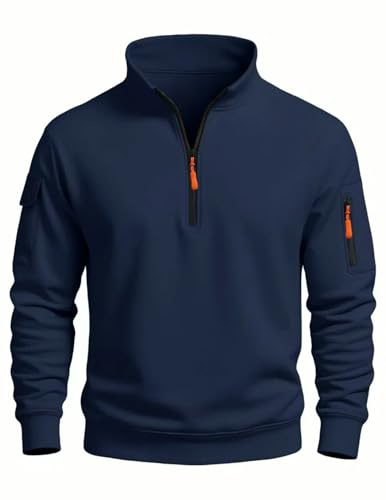 MakingDa Men’s 1/4 Zip Sweatshirts Long Sleeve Pullover Fleece Sweater Stand Collar Pocket Jumpers Casual Cuff Solid Regular Fit Top Shirt