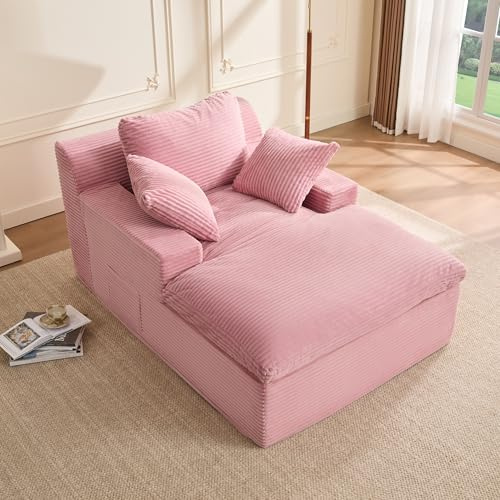 Litbird 160 cm Chaise Lounge Chair, Boneless Couch,Set of Sofabed Floor Lounge Sofa with Movable Pillows & Side Pockets, Cloud Couch with Armrests for Living Room, No Assembly Required, Pink