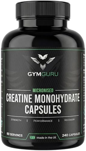 Gym Guru® Creatine Monohydrate Capsules (UK Made) - 240 Creatine Tablets, Micronized, 3000mg, 60 Servings - Vegan Gym Supplement for Men & Women - Muscle Growth, Strength & Performance