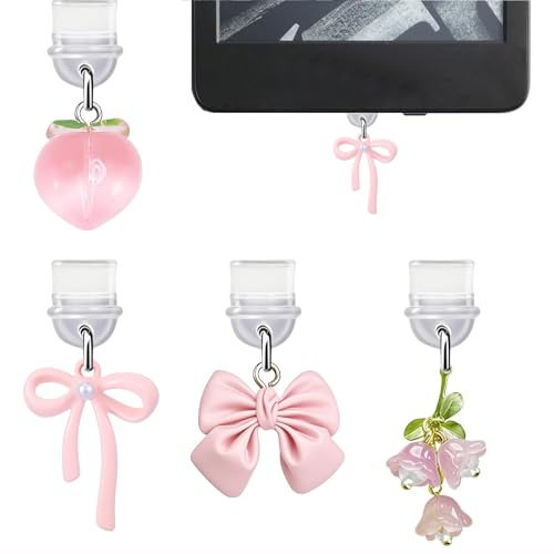 VelvetGlow Lot de 4 Charms pour Kindle, Charme Cache-poussière nœud Rose Compatible avec e-Reader, téléphone, iPad avec Port de Charge Type C/USB C-CP001
