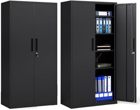 COSTWAY Metal Storage Cabinet, 180CM Steel Tall Cupboard with 2 Lockable Doors & 2/4 Adjustable Shelves, Heavy Duty Tool File Cabinet for Garage Home Office, Easy Assembly (4 Shelves, 90 x 45 x 180cm)