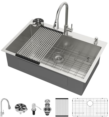 Lepuday 33 Kitchen Sink Drop In Stainless Steel Kitchen Sink 33x22 Inch Top Mount Single Bowl 9 Inch Deep Basin with Faucet and Cup Washer