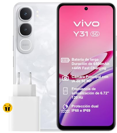 vivo Y31 5G Smartphone 6+256GB, Batería de 6500 mAh con Carga de 44W Telefono movil,Pantalla de 6,72 con 120 Hz y 1050 nits Movil,Cámara con IA de 50 MP,Doble estéreo,IP68+IP69,Blanco