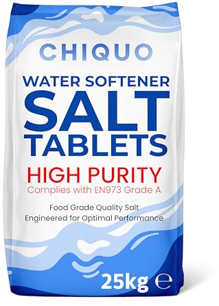 Chiquo Water Softener Salt Tablets 25kg - Food Grade High Purity Salt Tablets - EN973 Grade A - Compatible with All Water Softener Machines - Helps Reduce Limescale Build-Up