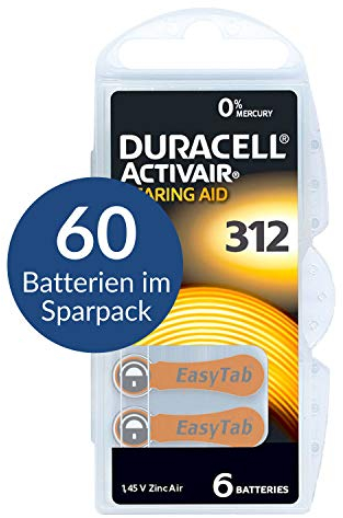 Duracell Activair - 60 batterie per apparecchi acustici tipo 312, marrone - Mercury Free 0% Hg