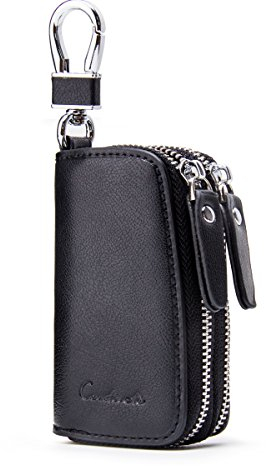 Contacts Autoschlüsseletui aus Leder, doppelter Reißverschluss, Schlüsselhalter mit Schlüsselanhänger, Organizer, Münztasche, Schwarz, Einheitsgröße