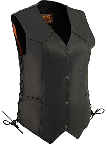 Milwaukee Leather MLL4546 Women's Black Premium Leather Lightweight V-Neck Motorcycle Rider Vest w/Side Laces - Medium