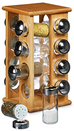Relaxdays Gewürzständer aus Bambus mit 16 Gewürzgläsern HBT ca. 30 x 19,5 x 19,5 cm stehendes Gewürzregal mit Gewürz-Behältern als Gewürzkarussell mit Einsatz zum Streuen von Gewürzen, natur