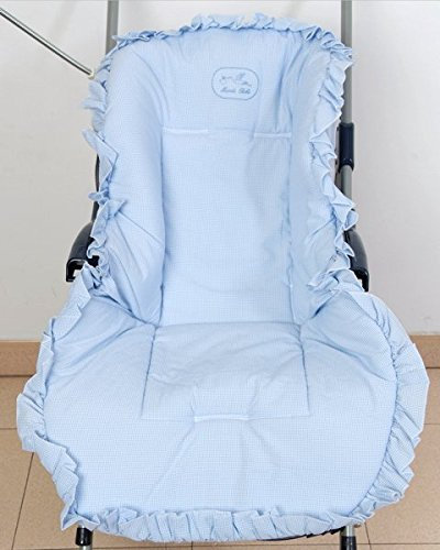 Colchoneta para silla de paseo universal para bebés. Funda silla de coche vichy celeste. Mundi Bebé.