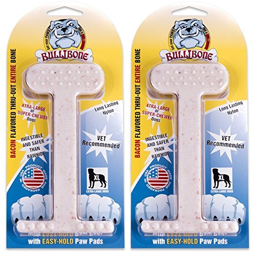 Bullibone Nylon Dog Chew Toy for Aggressive Chewers - Dental Hygiene Bone with Bacon Flavor, Durable Tough Chew Toys for Extra Large Dogs, Indestructible Dog Bone - 2 Pack