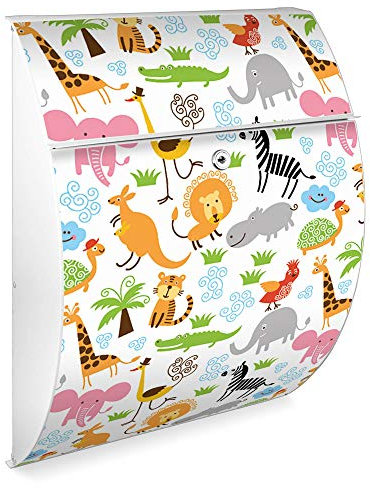 banjado Design Briefkasten - Modell Riviera 46x33,5x13cm groß - verzinkter Stahl weiß - Postkasten Öffnungsstopp großer A4 Einwurf Zylinderschloss 2 Schlüssel - Motiv Fröhliche Tiere