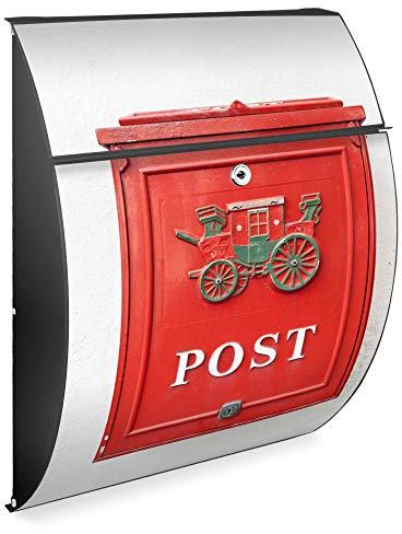 banjado Design Briefkasten - Modell Riviera 46x33,5x13cm groß - verzinkter Stahl anthrazit - Postkasten Öffnungsstopp großer A4 Einwurf Zylinderschloss 2 Schlüssel - Motiv Postkasten Nostalgie