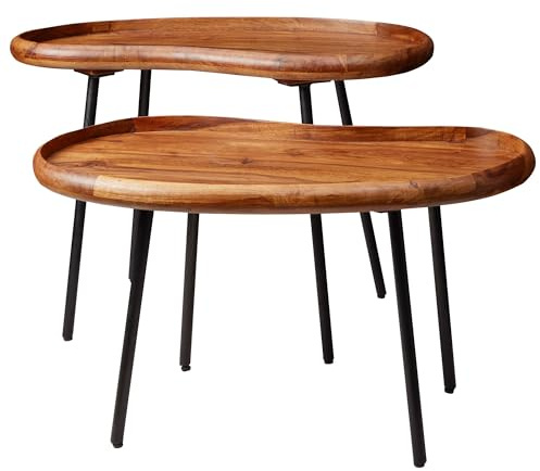 FineBuy Satztisch 2er Set 71x40x51 cm Sheesham Massivholz, Nierentisch | Wohnzimmertische im Retro Design mit Metallbeinen, kleine Nierentische aus Echtholz, handgefertigt