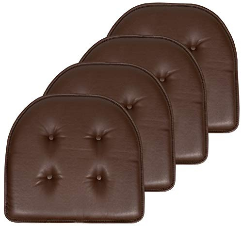 Sweet Home Collection Chair Cushion Memory Foam Pads Tufted Slip Non Skid Rubber Back U-Shaped 17 x 16 Seat Cover, Faux Leather Chocolate Brown 2 Count (Pack of 2)