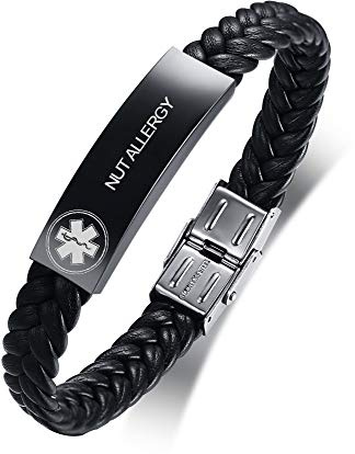 VNOX NUT Allergy Bracelet Stainless Steel Leather Medical Alert Bracelet Star of Life Medical Leather Bracelet for Men Women,Adjustable