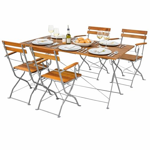 Mojawo Biergarten Set Bistroset Klapptisch + 4 Klappstühle mit Armlehnen Akazieholz und pulverbeschichteter Stahl 120x70cm