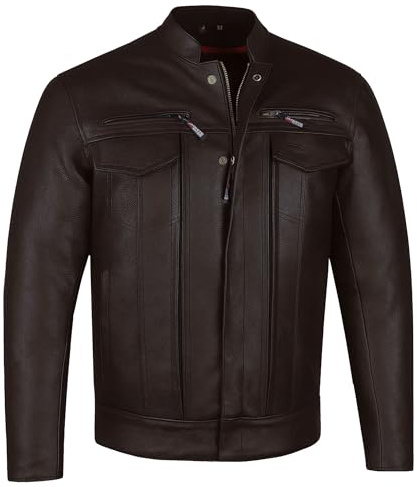 COMMUTER Men's Motorcycle Jacket, Premium Buffalo Leather, CE Armor, Utility Pockets, Street Cruiser Motorbike Biker Brown S