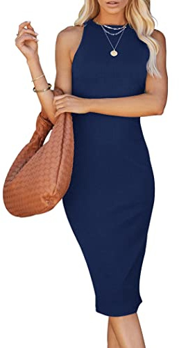 PRETTYGARDEN Women Bodycon Midi Dress 2025 Summer Spring Casual Vacation Sundress Fitted Sleeveless Tank Dresses (Dark Blue,Small)
