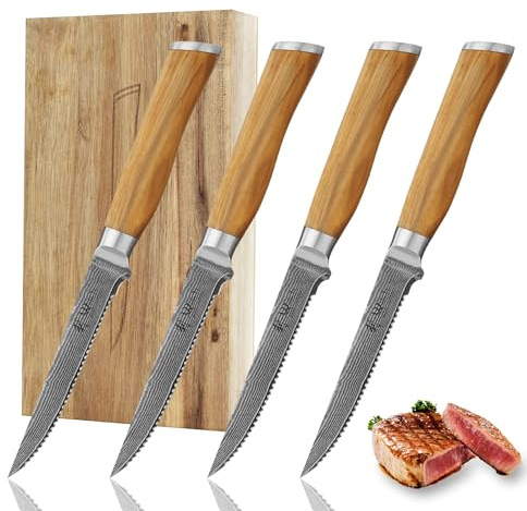 Wakoli Olive HS Damast steakkniv, set om 4 delar I 12,5 cm blad av 67 lager damaskstål med VG10-kärna 60±2 HRC I olivträhandtag med hammarslagsfinish I biffknivset i ädel trälåda