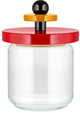 Alessi Mr. Sottsass, Suppose ES16/75 - Diseño Tarro Hermético de Cristal con Tapa de Madera de Haya, Rojo, Negro y Amarillo