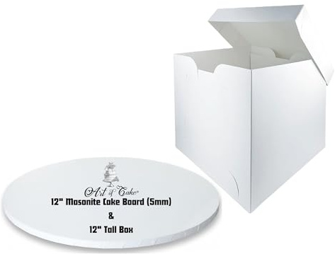 Art of Cake® 12 Inch Round Masonite Cake Board & White Box Combo - 5mm Thick Cake Drum with Matching Box - For Tiered Birthday Wedding Celebration Cakes (304mm)