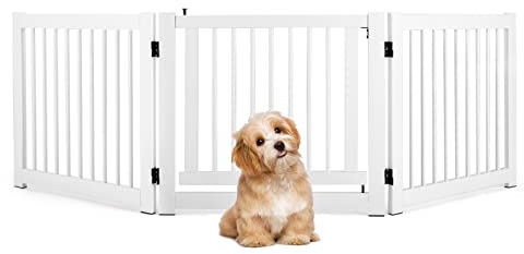 GYMAX 3-teiliger Schutzgitter Hunde 61 cm Hoch, klappbarer Absperrgitter, Türschutzgitter aus Kiefernholz, Treppengitter mit Tor, für Kamin & Treppe, Weiß