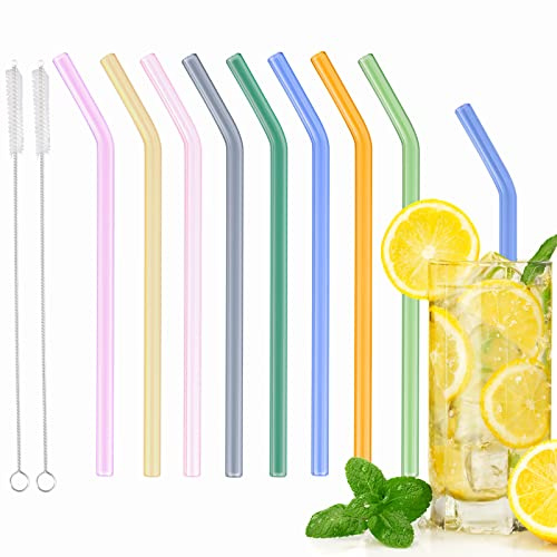 PEAKTOP Glass Straws, 8 Pcs Wide Coloured Smoothie Straws Tall | Eco Friendly Curved Reusable Drinking Bent Glass Straws with 2 Straw Cleaner Brush, curly straws for Milkshake Bubble Tea
