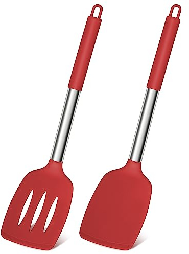 Joyfair Stainless Steel Silicone Spatula Pack of 2, Red | Cooking Turner/Non Stick Kitchen Slotted Utensil Set Ideal for Fish, Eggs, Pancakes, Heat Resistant & Dishwasher Safe