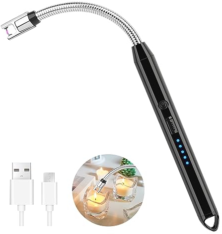 Encendedor Electrico, Encendedor Cocina Arco Eléctricos, USB Rechargeable y 360 Flexible Mechero,Pantalla LED de batería Cuello Encendedor para Velas, Estufas de Gas, Camping Barbacoa-Negro