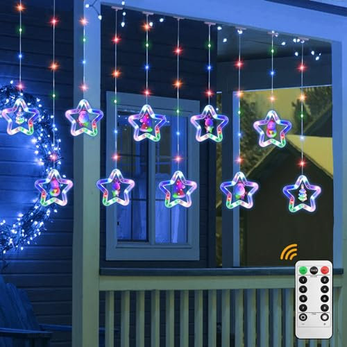 Jsdoin LED Stars Curtain Lights 3.5M*3.5M Christmas Window Curtain String Lights Fairy 3D Twinkle Lights with USB+Battery-Powered and 8 Flashing Modes for Indoor Xmas Party Decoration (Multi-Colored)