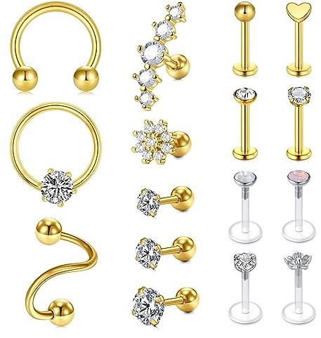 Rajnard Tragus Piercing Helix Piercing Chirurgenstahl Knorpel Ohrpiercing Ohrstecker Ohrring 16G CZ Barbell Piercing Labret Schmuck Damen Männer